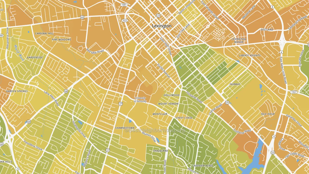 Map of the best neighborhoods in the 40526 area, with better matches in green and worse matches in red