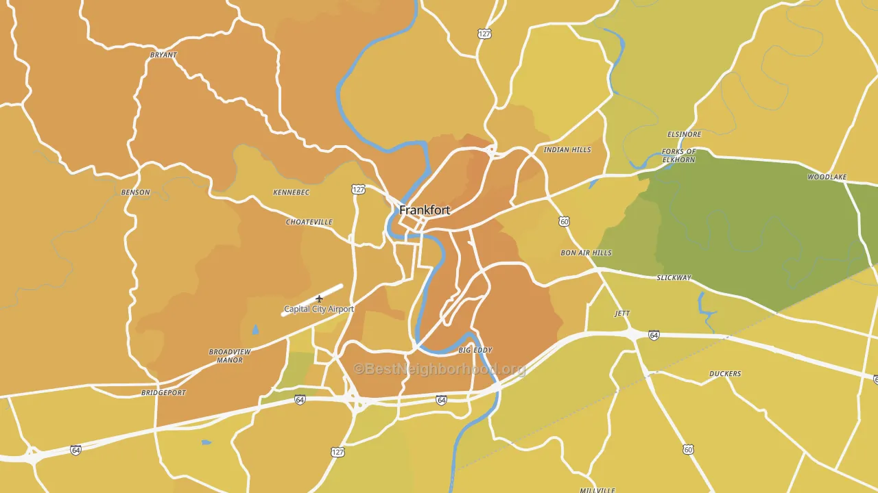 Map of the best neighborhoods in the 40601 area, with better matches in green and worse matches in red