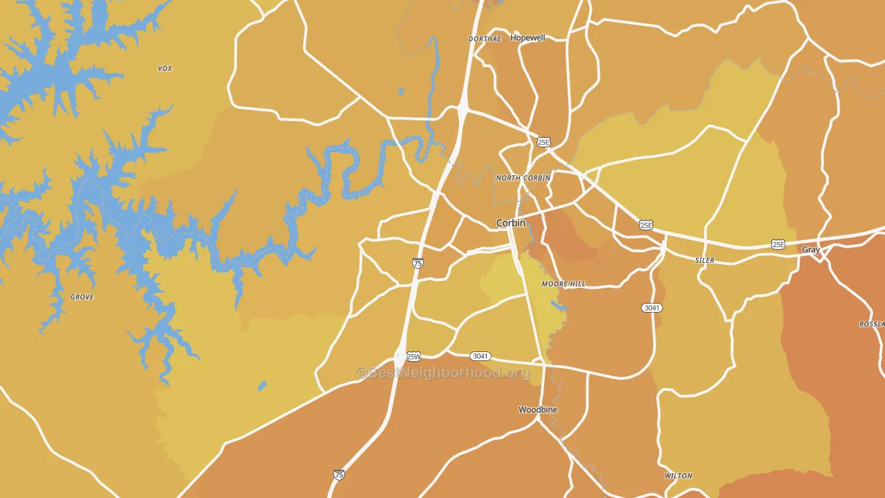 Map of the best neighborhoods in the 40701 area, with better matches in green and worse matches in red