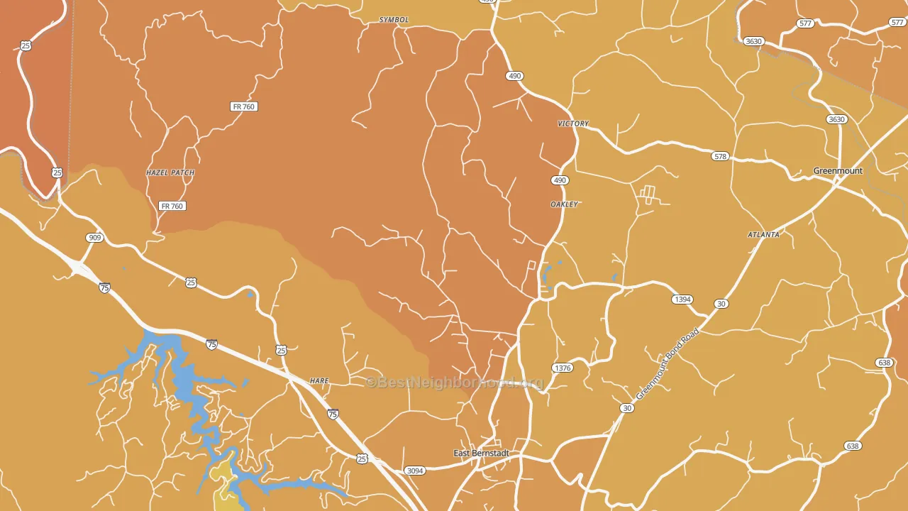 Map of the best neighborhoods in the 40729 area, with better matches in green and worse matches in red