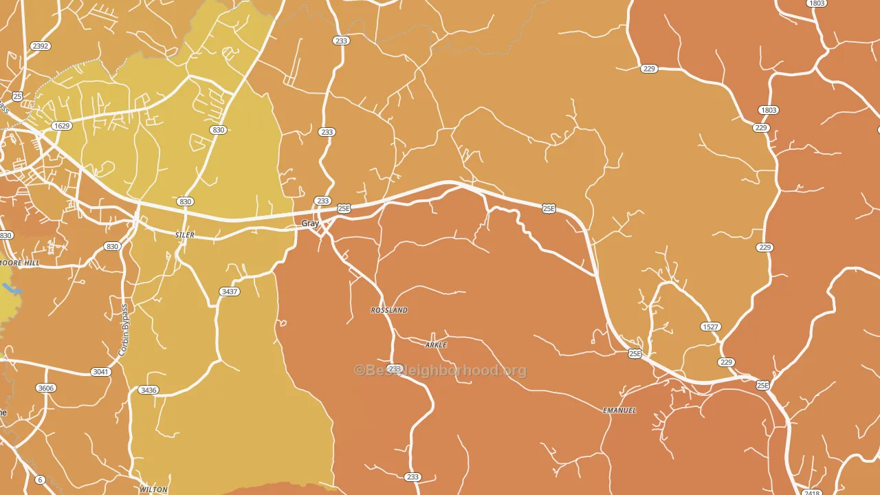 Map of the best neighborhoods in the 40734 area, with better matches in green and worse matches in red