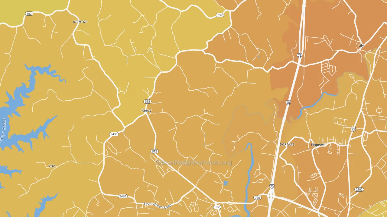 Map of the best neighborhoods in the 40737 area, with better matches in green and worse matches in red