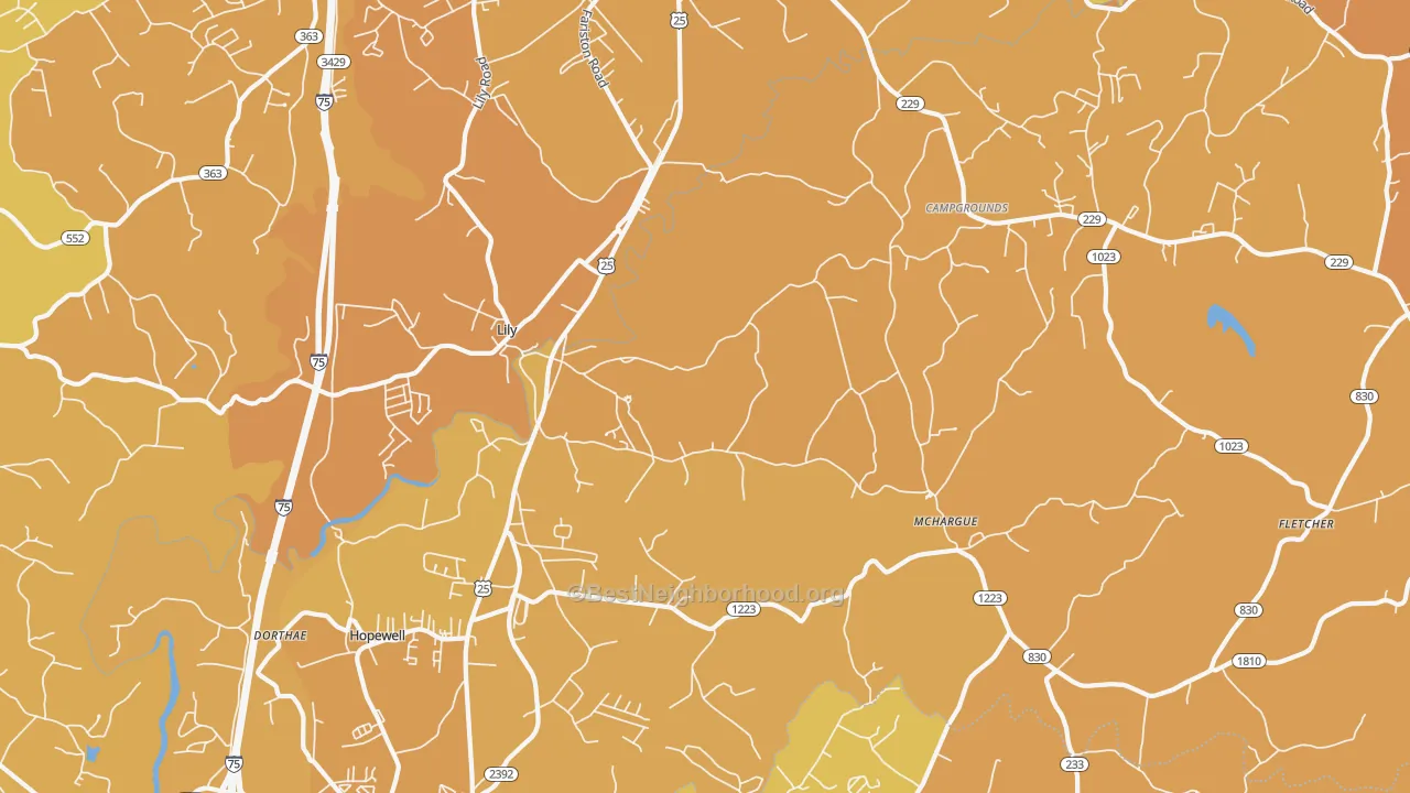 Map of the best neighborhoods in the 40740 area, with better matches in green and worse matches in red
