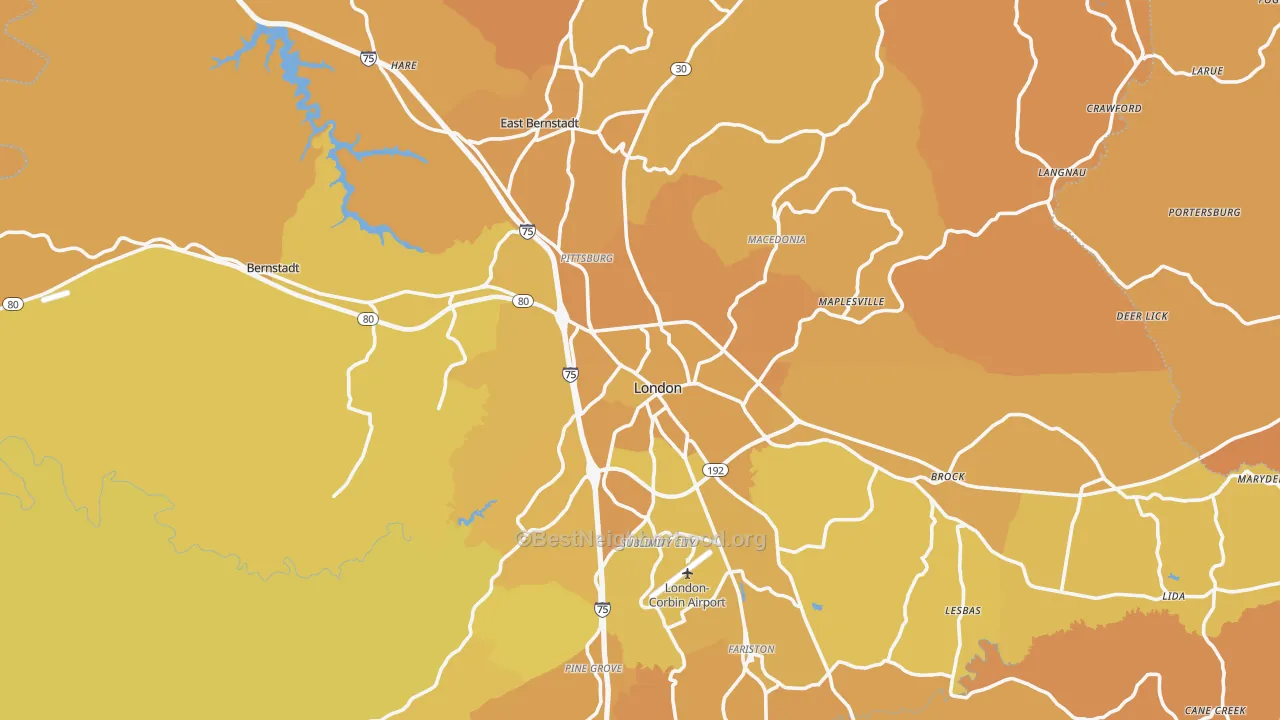 Map of the best neighborhoods in the 40741 area, with better matches in green and worse matches in red