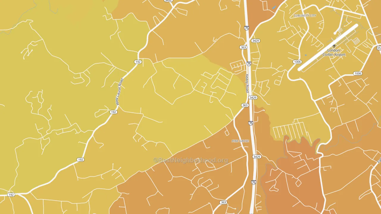 Map of the best neighborhoods in the 40743 area, with better matches in green and worse matches in red
