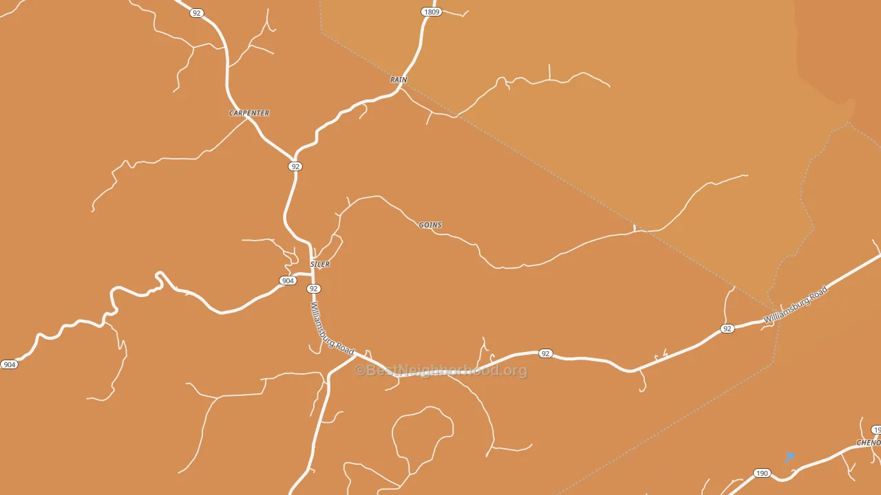 Map of the best neighborhoods in the 40763 area, with better matches in green and worse matches in red
