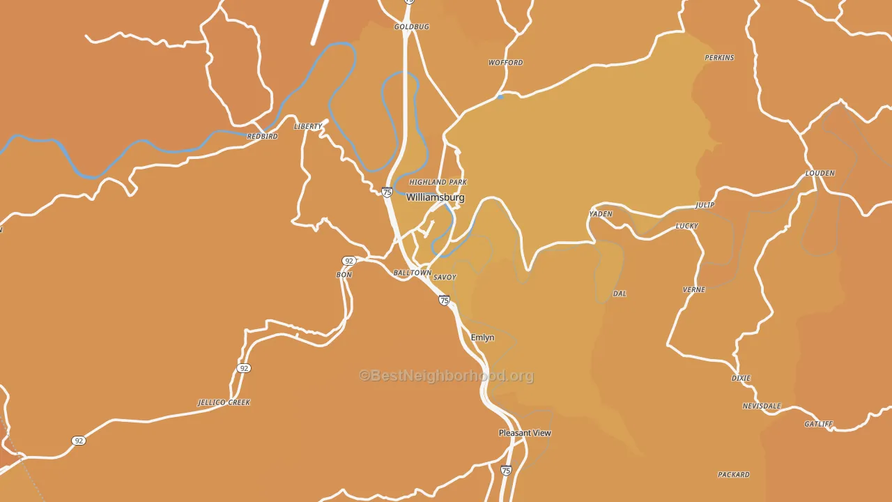 Map of the best neighborhoods in the 40769 area, with better matches in green and worse matches in red