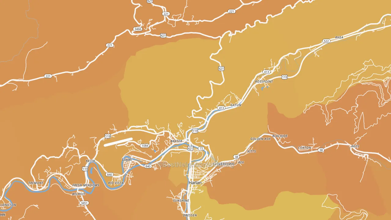 Map of the best neighborhoods in the 40806 area, with better matches in green and worse matches in red