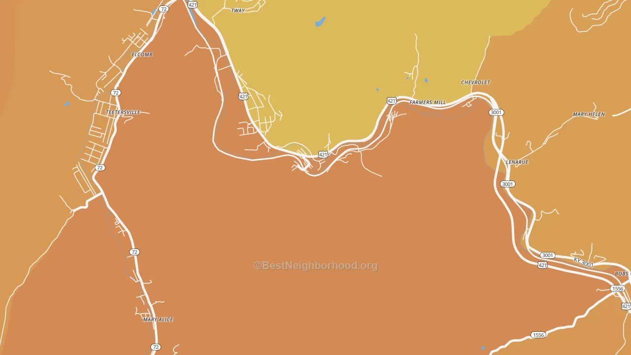 Map of the best neighborhoods in the 40829 area, with better matches in green and worse matches in red