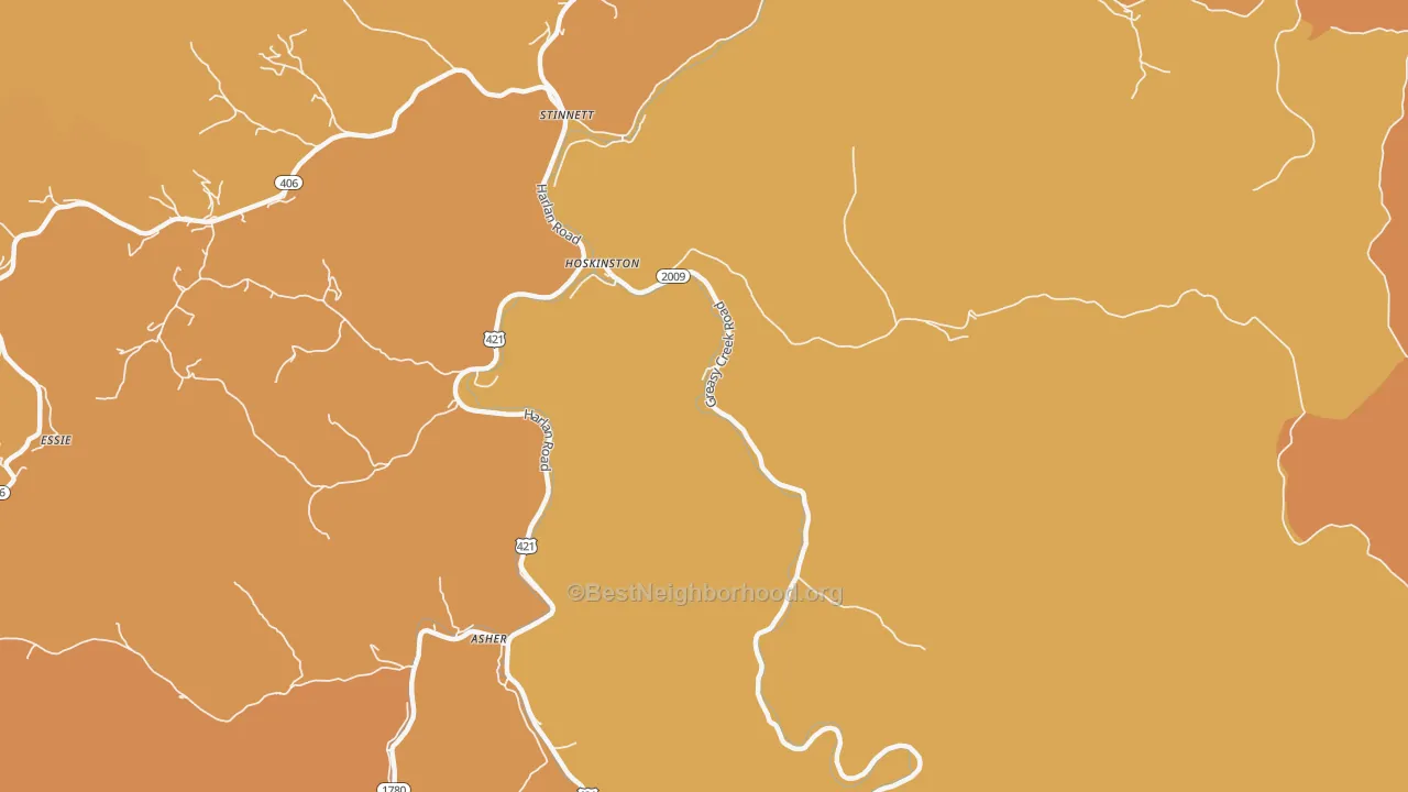 Map of the best neighborhoods in the 40844 area, with better matches in green and worse matches in red