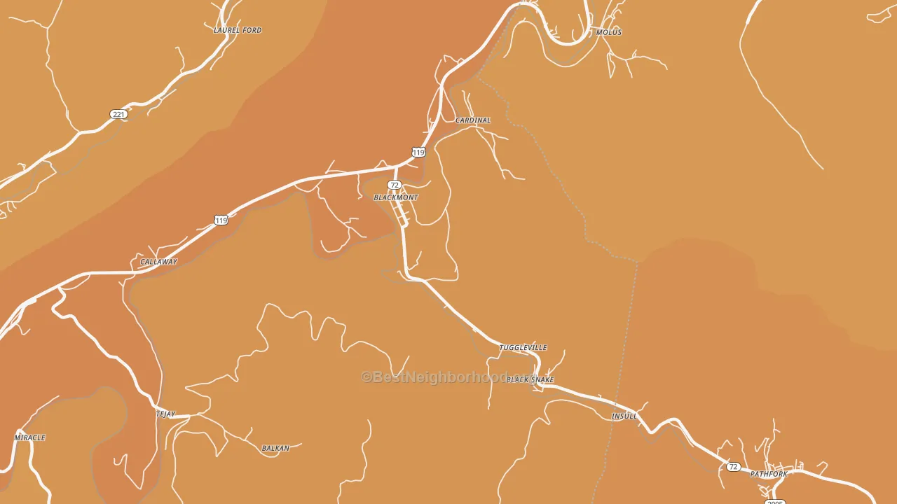 Map of the best neighborhoods in the 40845 area, with better matches in green and worse matches in red