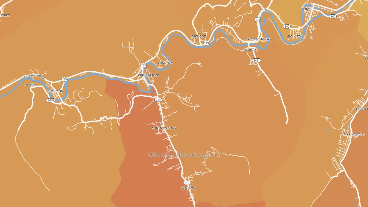 Map of the best neighborhoods in the 40873 area, with better matches in green and worse matches in red