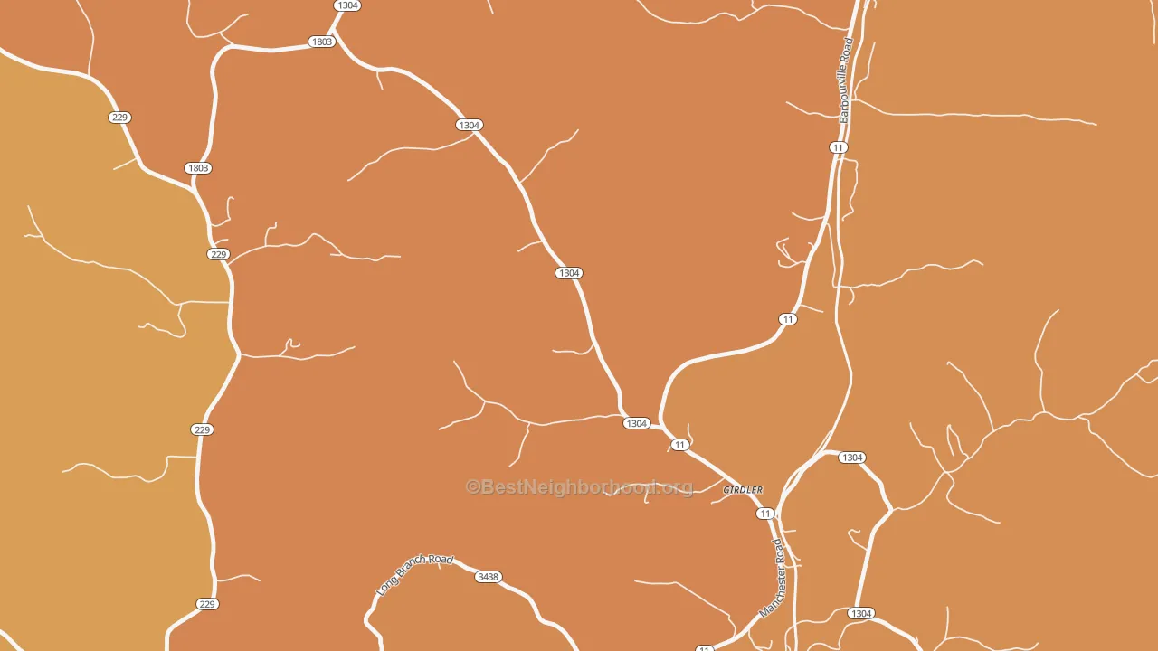 Map of the best neighborhoods in the 40943 area, with better matches in green and worse matches in red