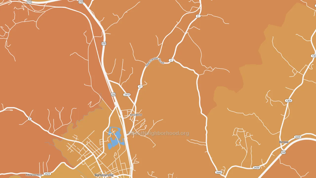 Map of the best neighborhoods in the 40949 area, with better matches in green and worse matches in red