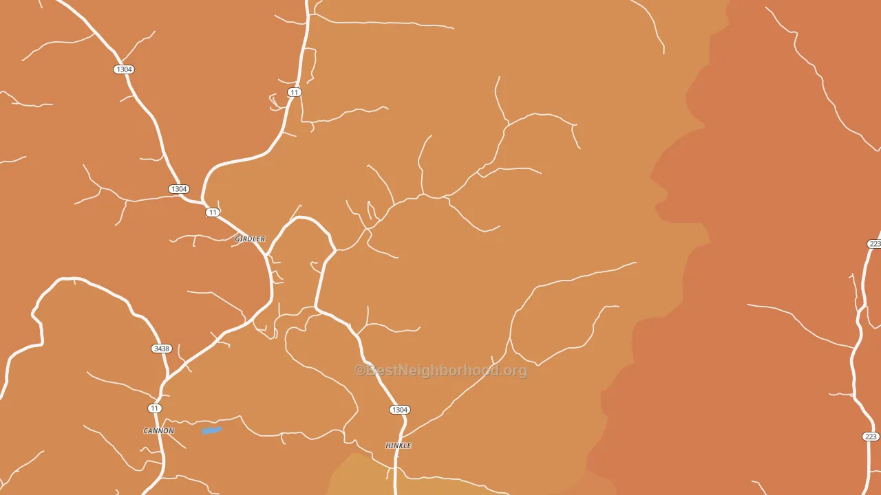 Map of the best neighborhoods in the 40953 area, with better matches in green and worse matches in red