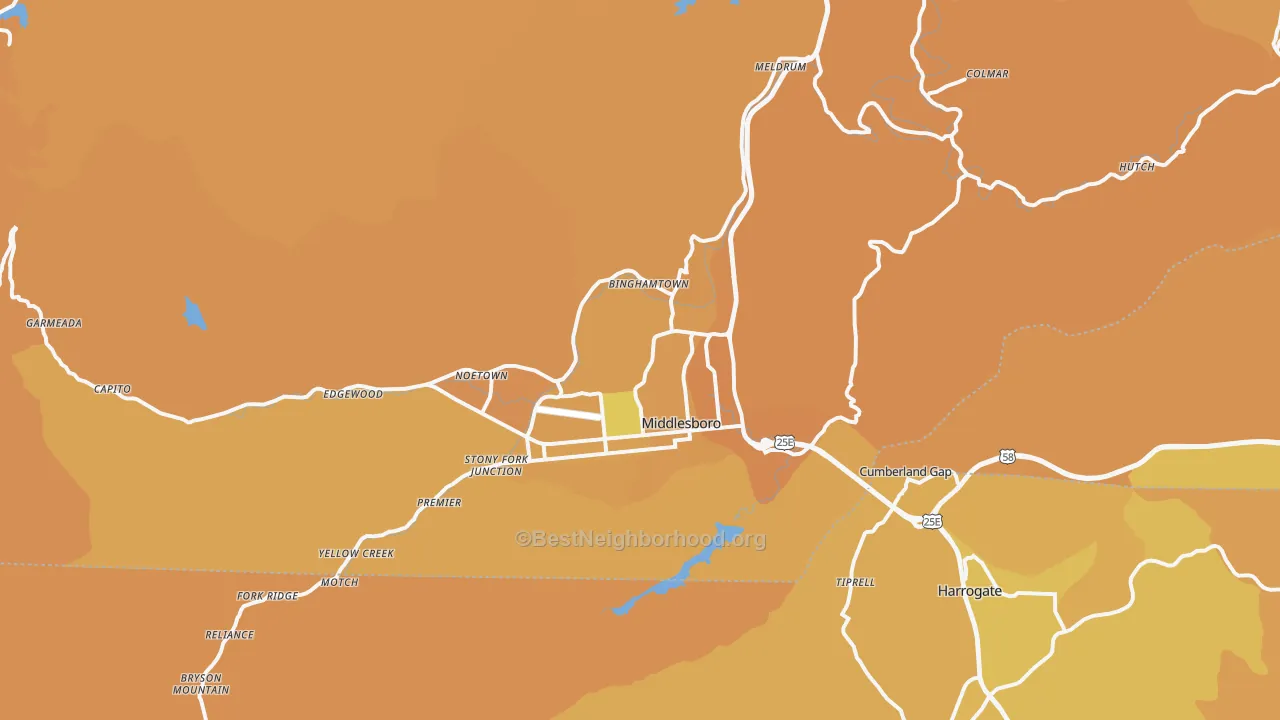 Map of the best neighborhoods in the 40965 area, with better matches in green and worse matches in red