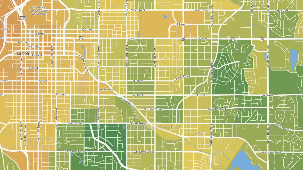 Map of the best neighborhoods in the 40th and A, Lincoln area, with better matches in green and worse matches in red