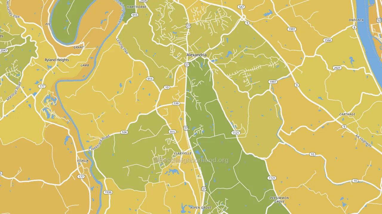 Map of the best neighborhoods in the 41001 area, with better matches in green and worse matches in red