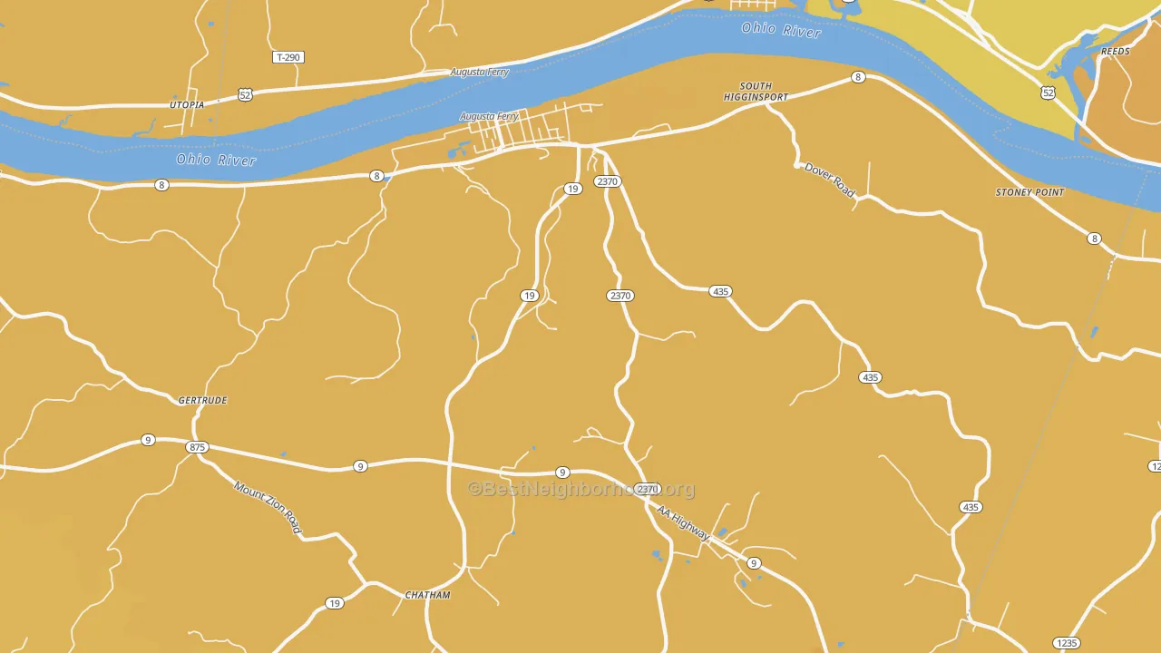 Map of the best neighborhoods in the 41002 area, with better matches in green and worse matches in red