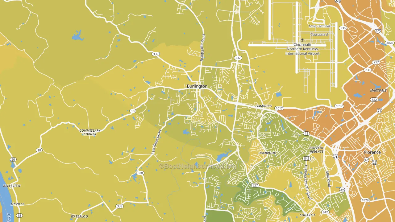 Map of the best neighborhoods in the 41005 area, with better matches in green and worse matches in red