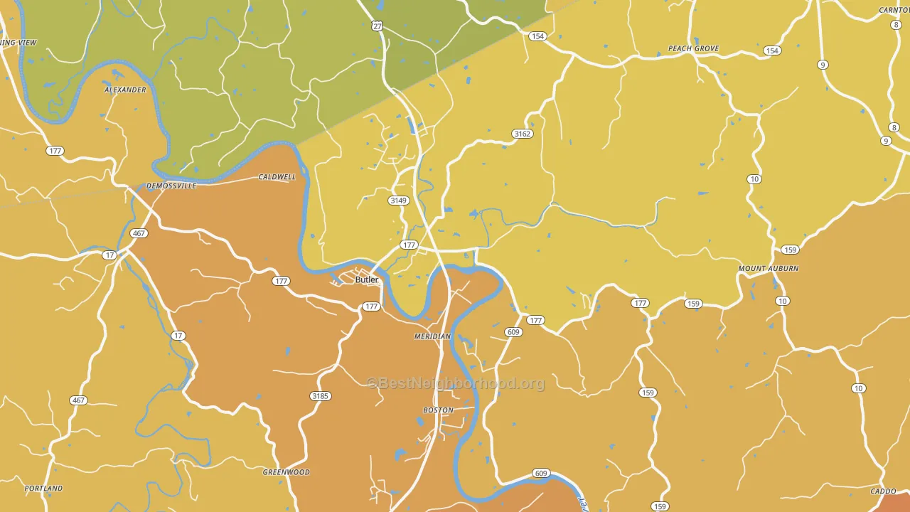 Map of the best neighborhoods in the 41006 area, with better matches in green and worse matches in red
