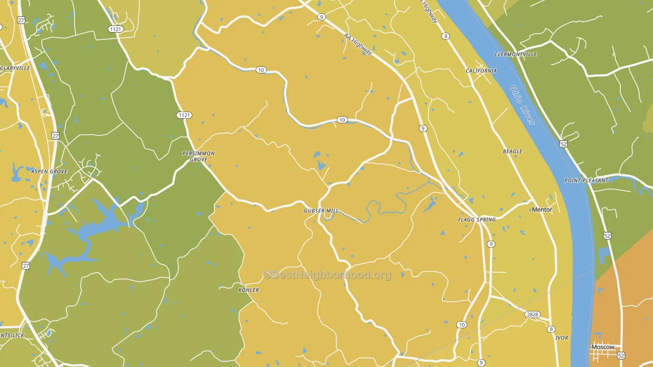 Map of the best neighborhoods in the 41007 area, with better matches in green and worse matches in red
