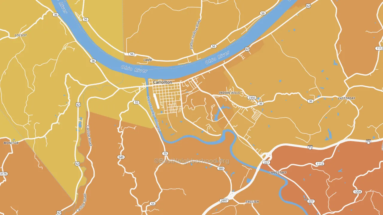 Map of the best neighborhoods in the 41008 area, with better matches in green and worse matches in red