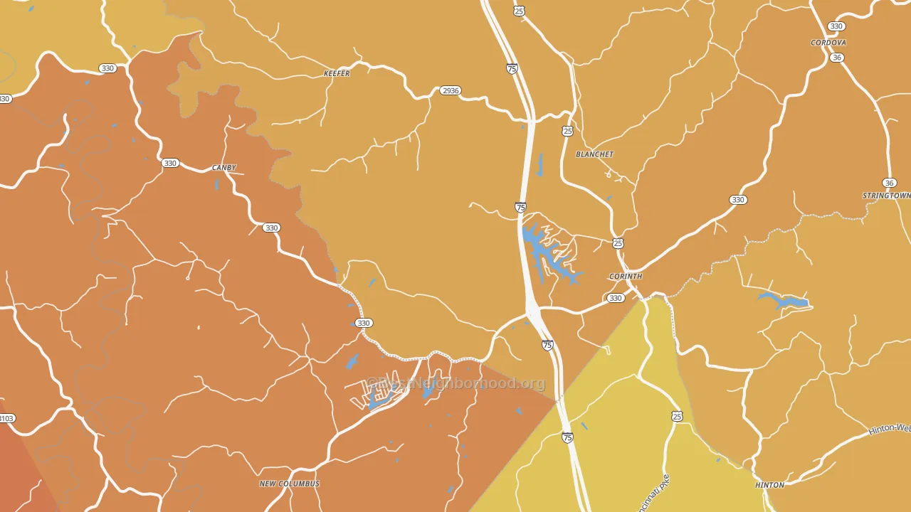 Map of the best neighborhoods in the 41010 area, with better matches in green and worse matches in red
