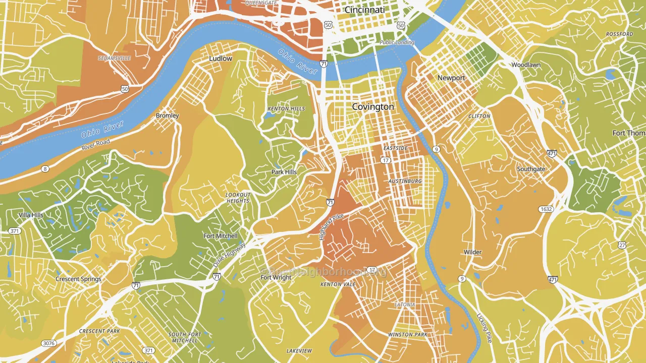 Map of the best neighborhoods in the 41011 area, with better matches in green and worse matches in red