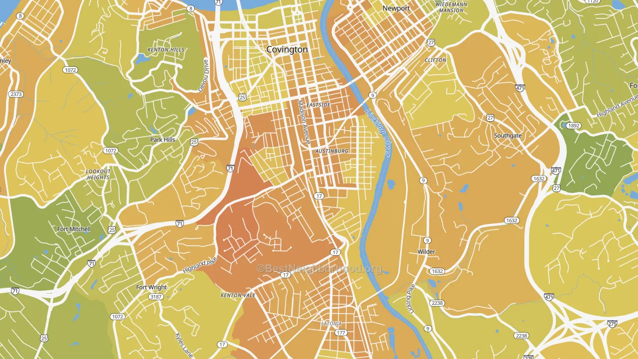 Map of the best neighborhoods in the 41014 area, with better matches in green and worse matches in red