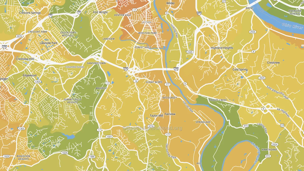 Map of the best neighborhoods in the 41015 area, with better matches in green and worse matches in red
