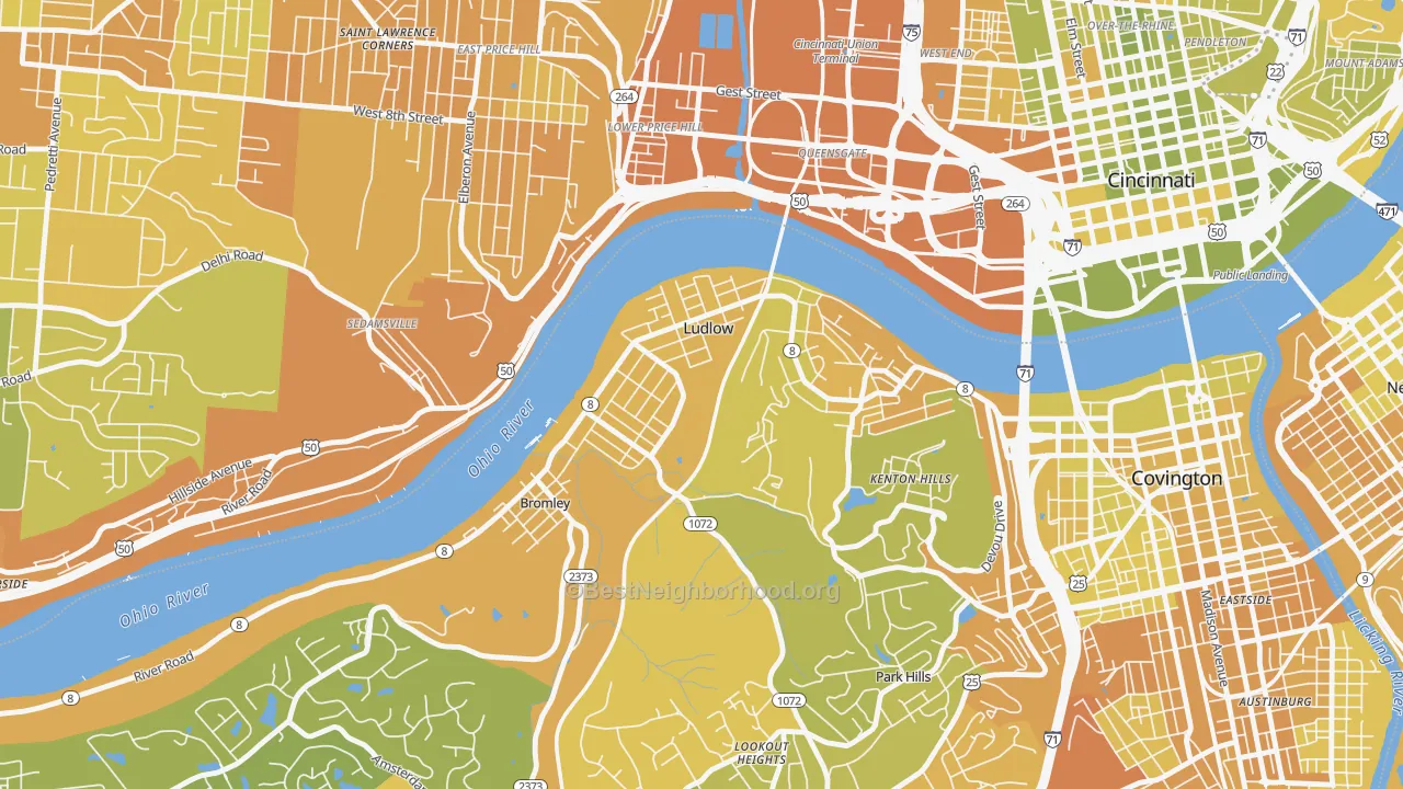 Map of the best neighborhoods in the 41016 area, with better matches in green and worse matches in red