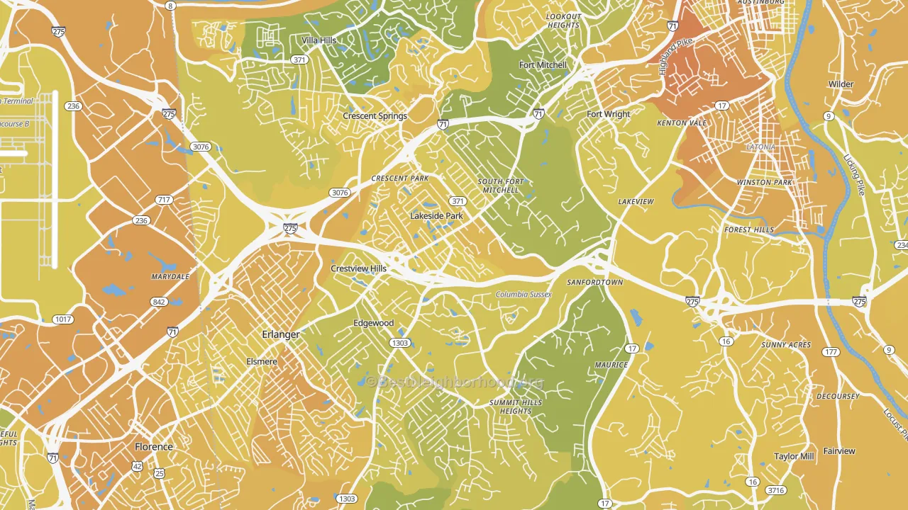 Map of the best neighborhoods in the 41017 area, with better matches in green and worse matches in red