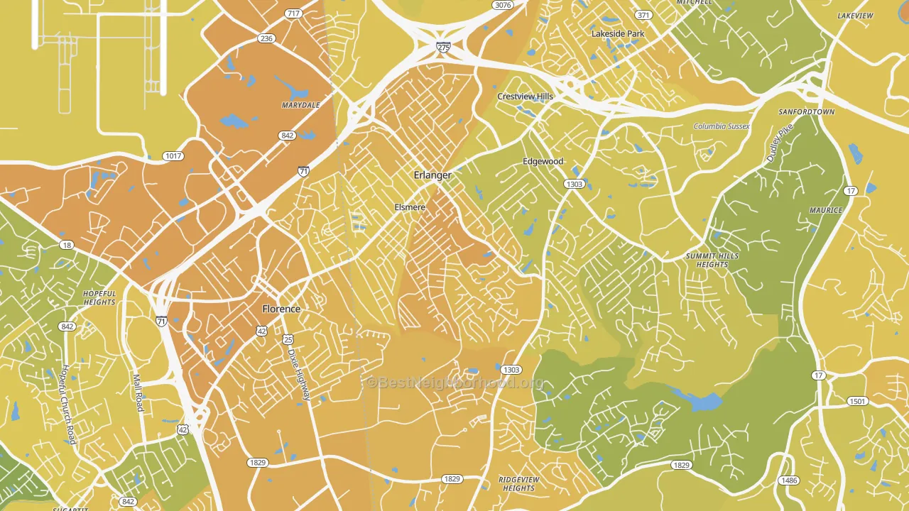 Map of the best neighborhoods in the 41018 area, with better matches in green and worse matches in red