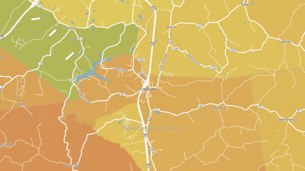Map of the best neighborhoods in the 41030 area, with better matches in green and worse matches in red