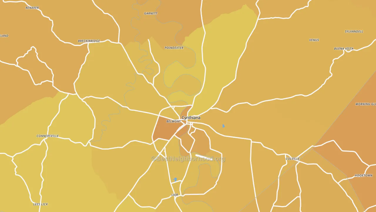 Map of the best neighborhoods in the 41031 area, with better matches in green and worse matches in red