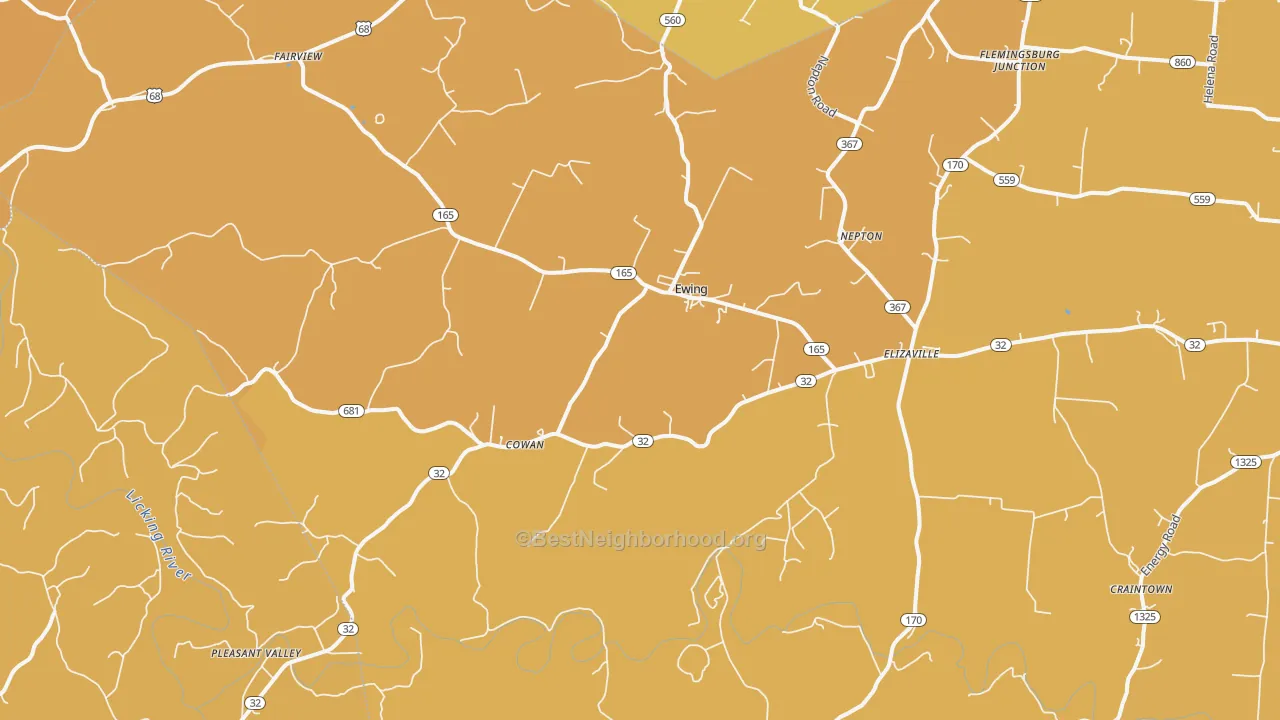 Map of the best neighborhoods in the 41039 area, with better matches in green and worse matches in red
