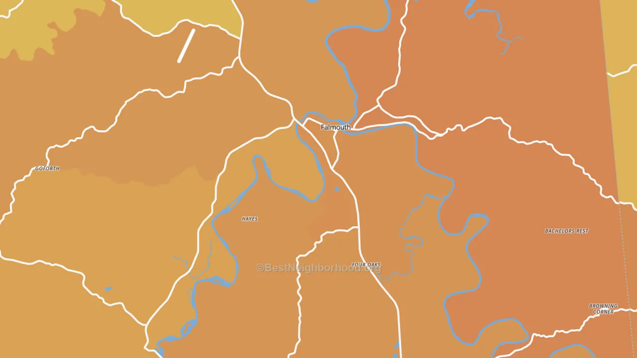 Map of the best neighborhoods in the 41040 area, with better matches in green and worse matches in red