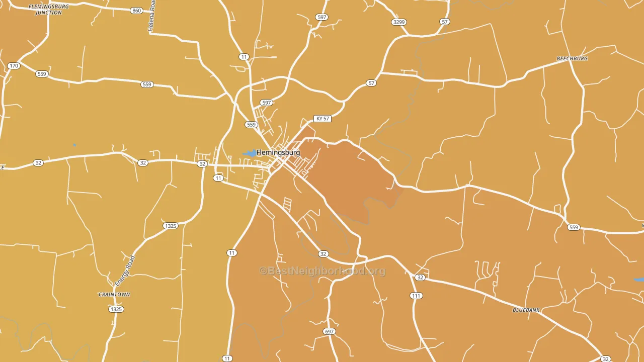 Map of the best neighborhoods in the 41041 area, with better matches in green and worse matches in red