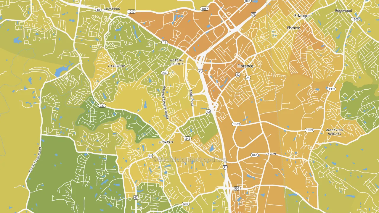 Map of the best neighborhoods in the 41042 area, with better matches in green and worse matches in red