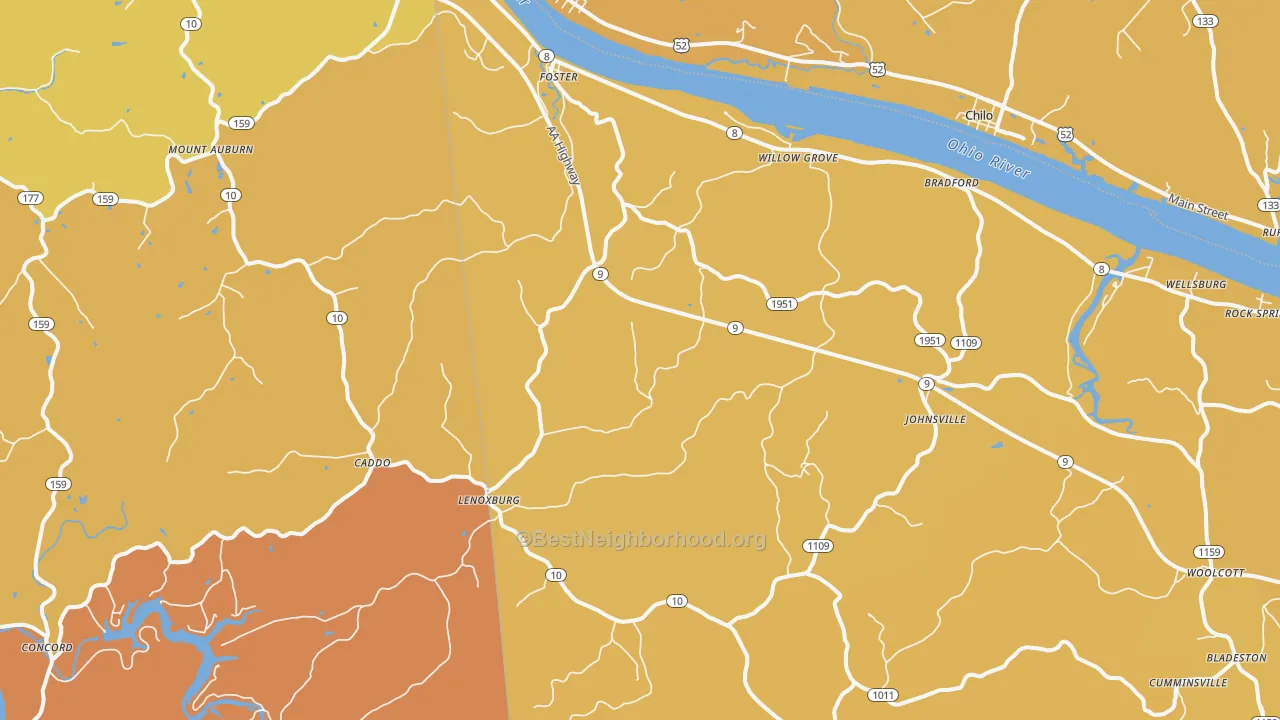 Map of the best neighborhoods in the 41043 area, with better matches in green and worse matches in red