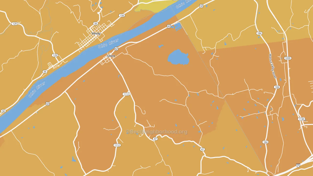 Map of the best neighborhoods in the 41045 area, with better matches in green and worse matches in red