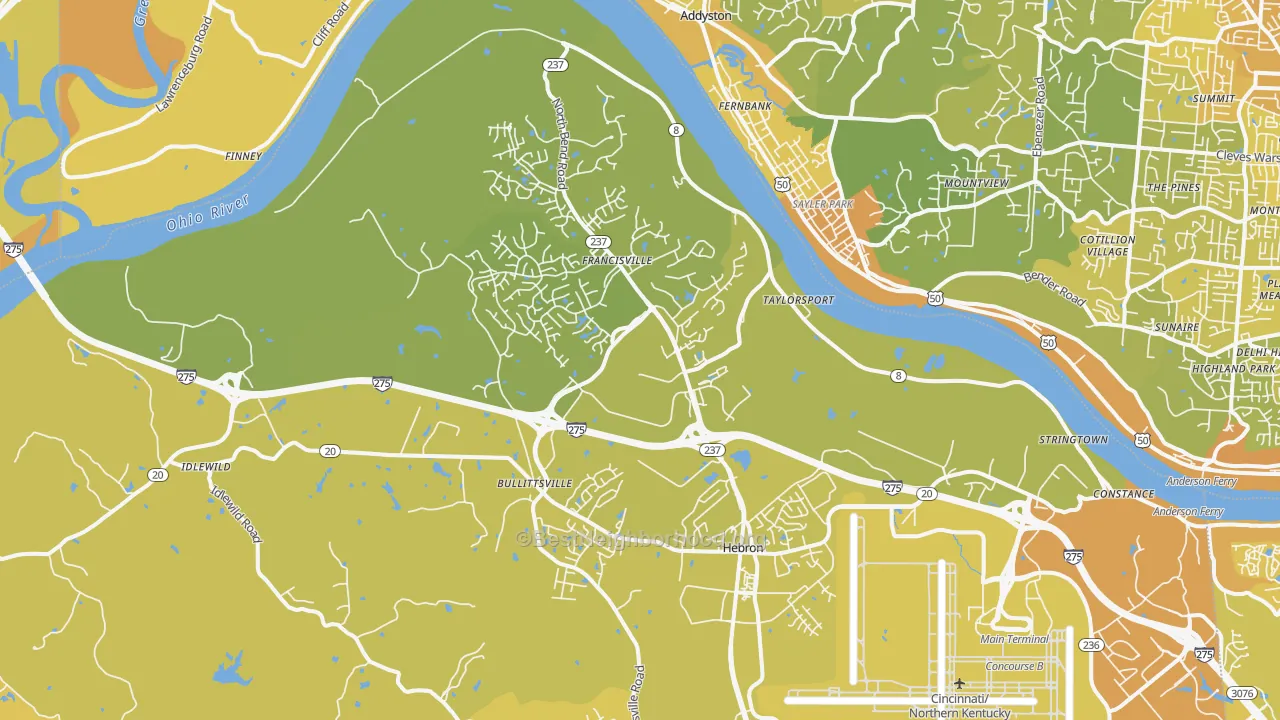 Map of the best neighborhoods in the 41048 area, with better matches in green and worse matches in red