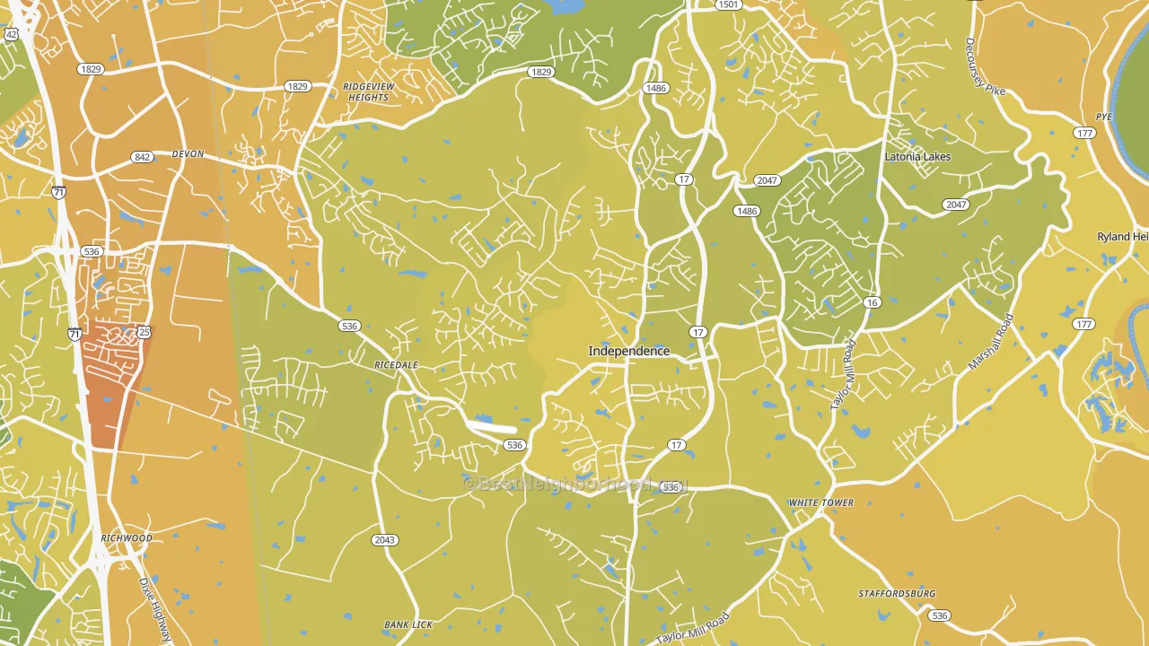 Map of the best neighborhoods in the 41051 area, with better matches in green and worse matches in red