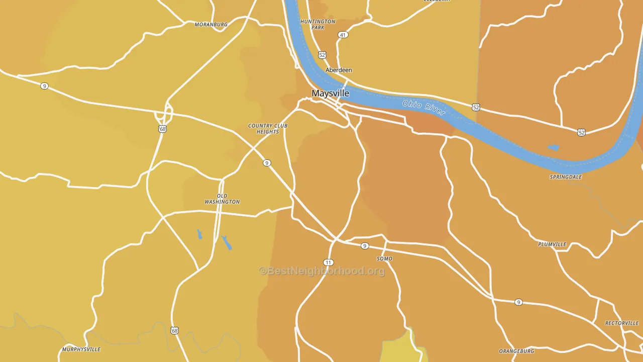 Map of the best neighborhoods in the 41056 area, with better matches in green and worse matches in red