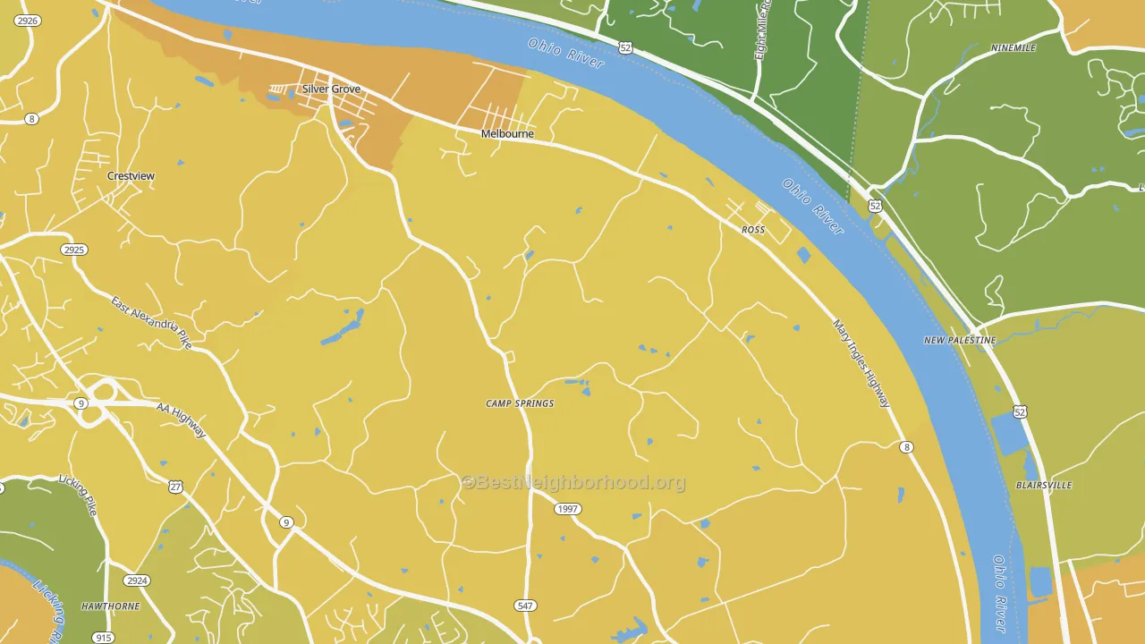Map of the best neighborhoods in the 41059 area, with better matches in green and worse matches in red
