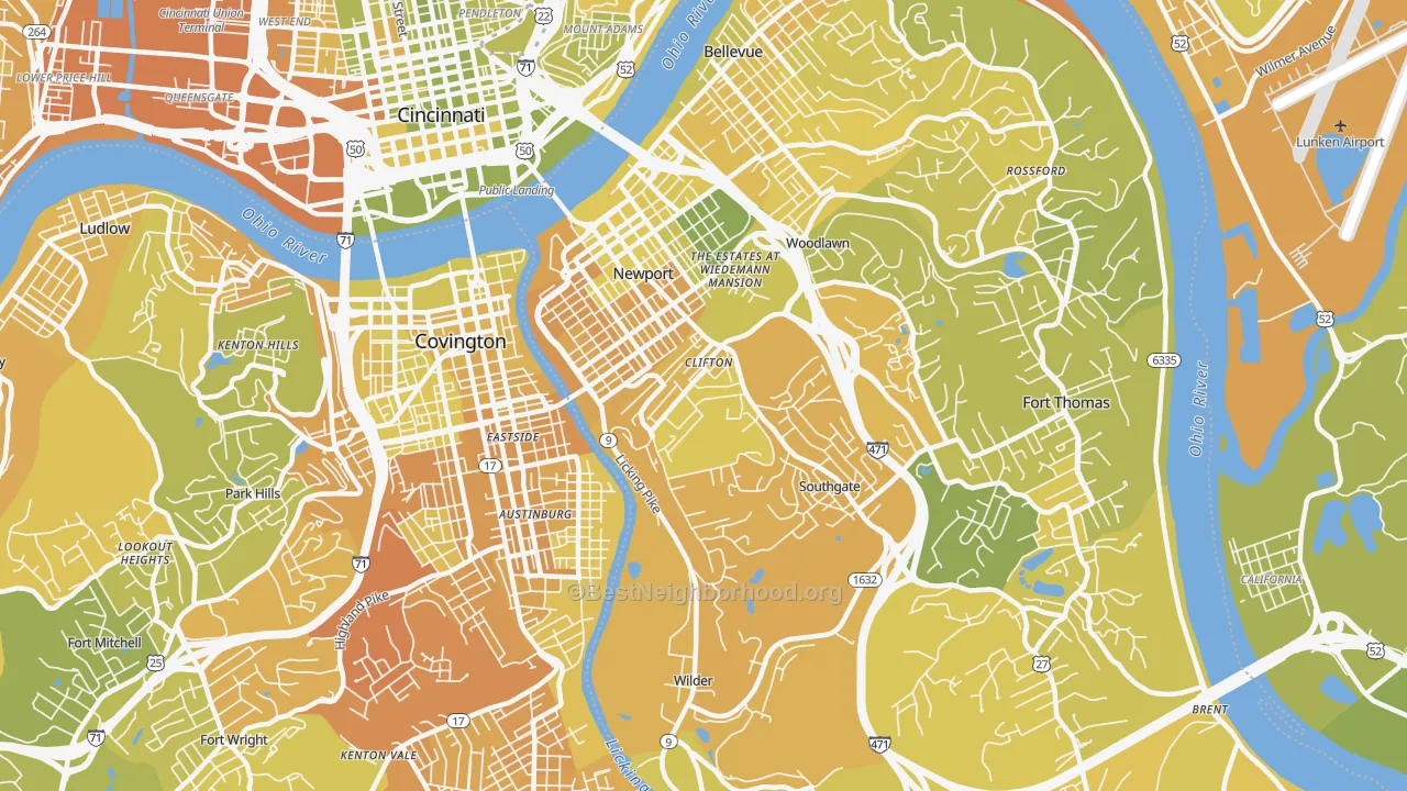 Map of the best neighborhoods in the 41071 area, with better matches in green and worse matches in red