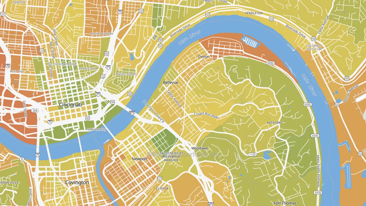 Map of the best neighborhoods in the 41073 area, with better matches in green and worse matches in red