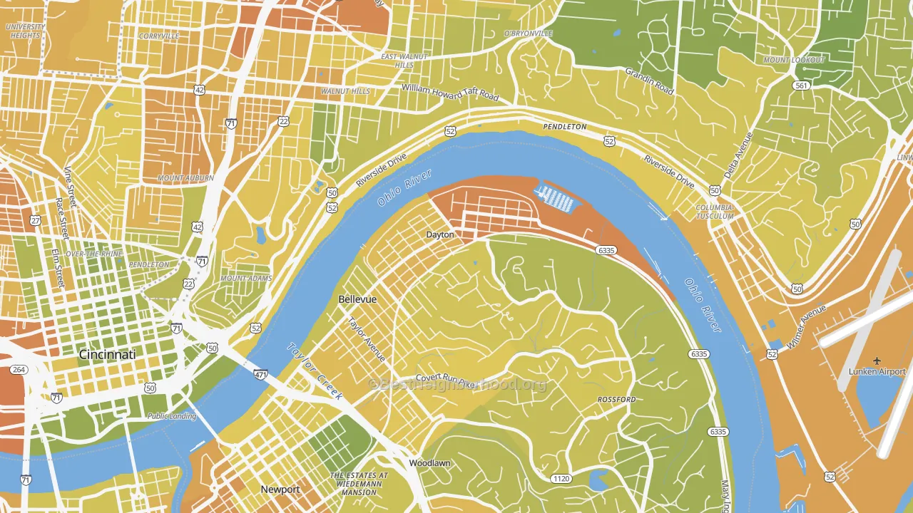 Map of the best neighborhoods in the 41074 area, with better matches in green and worse matches in red