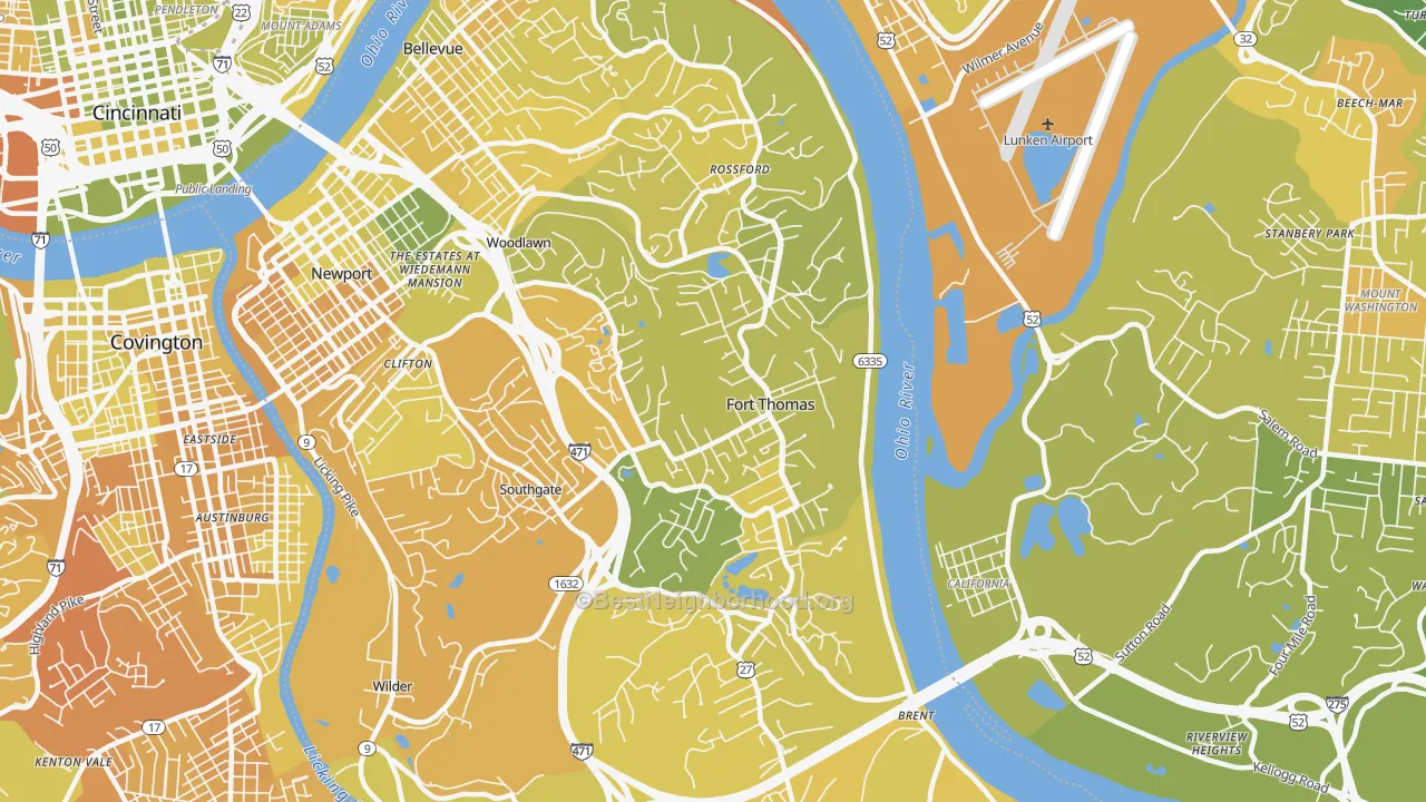 Map of the best neighborhoods in the 41075 area, with better matches in green and worse matches in red